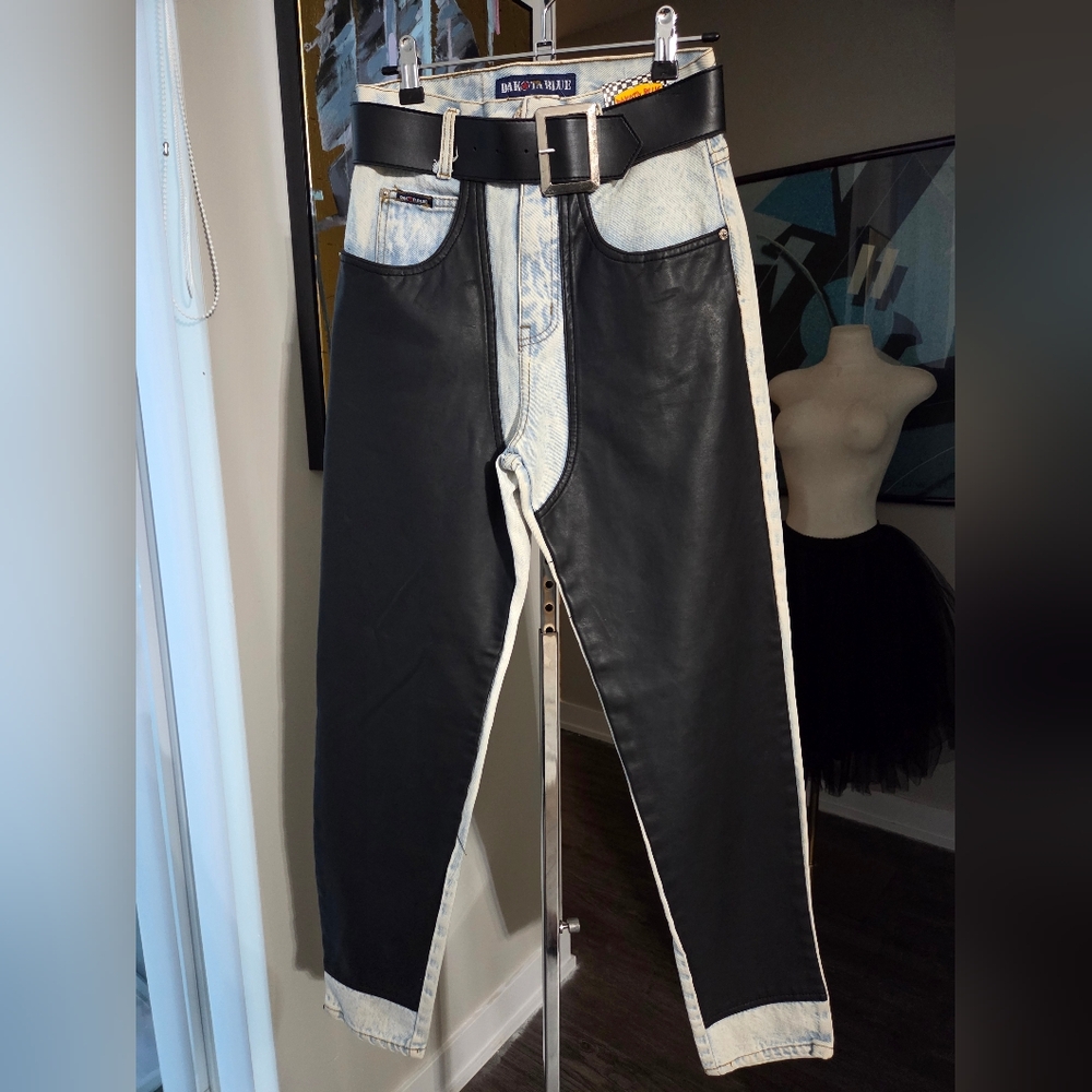 NWT Vintage Dakota Blue High Rise Black Pleather Jeans